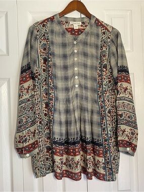 Coldwater Creek Silk Cream Navy Rust Floral Plaid Button-Front Blouse Small